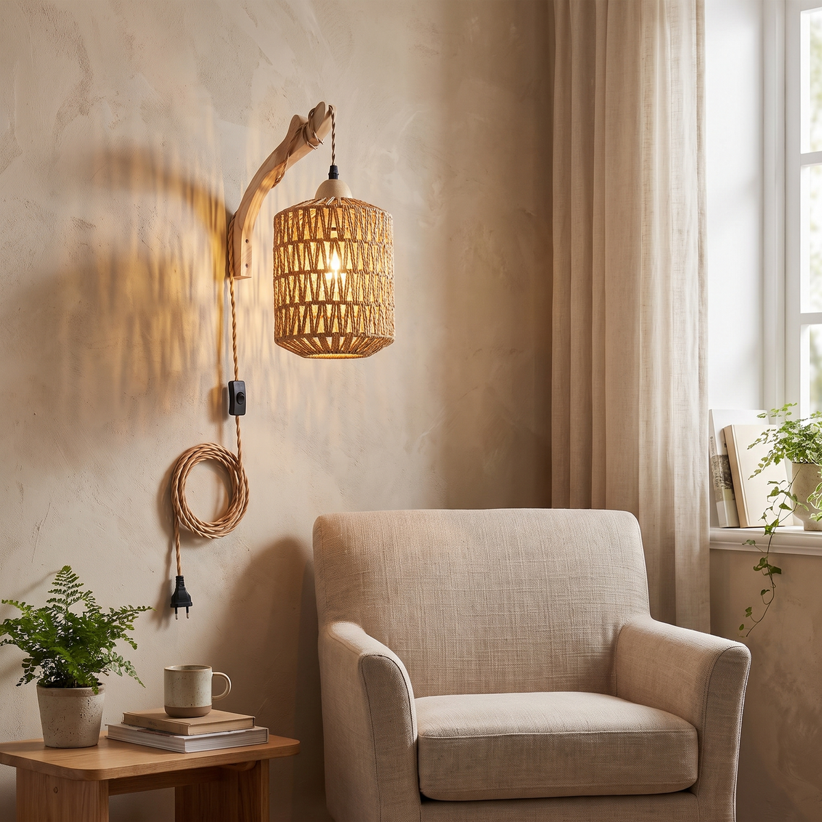 Boho Wood & Rattan Plug-In Wall Lamp in a lifestyle setting