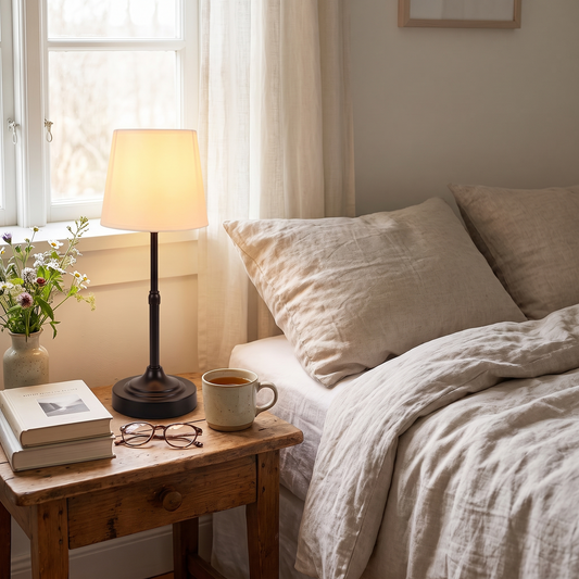 Dimmable Cordless Fabric Shade Table Lamp in a lifestyle setting