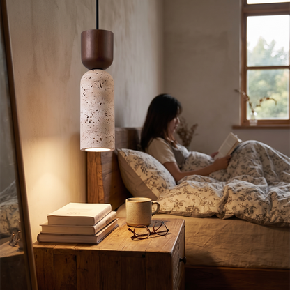 Wabi-Sabi Travertine & Walnut Pendant Light in a lifestyle setting