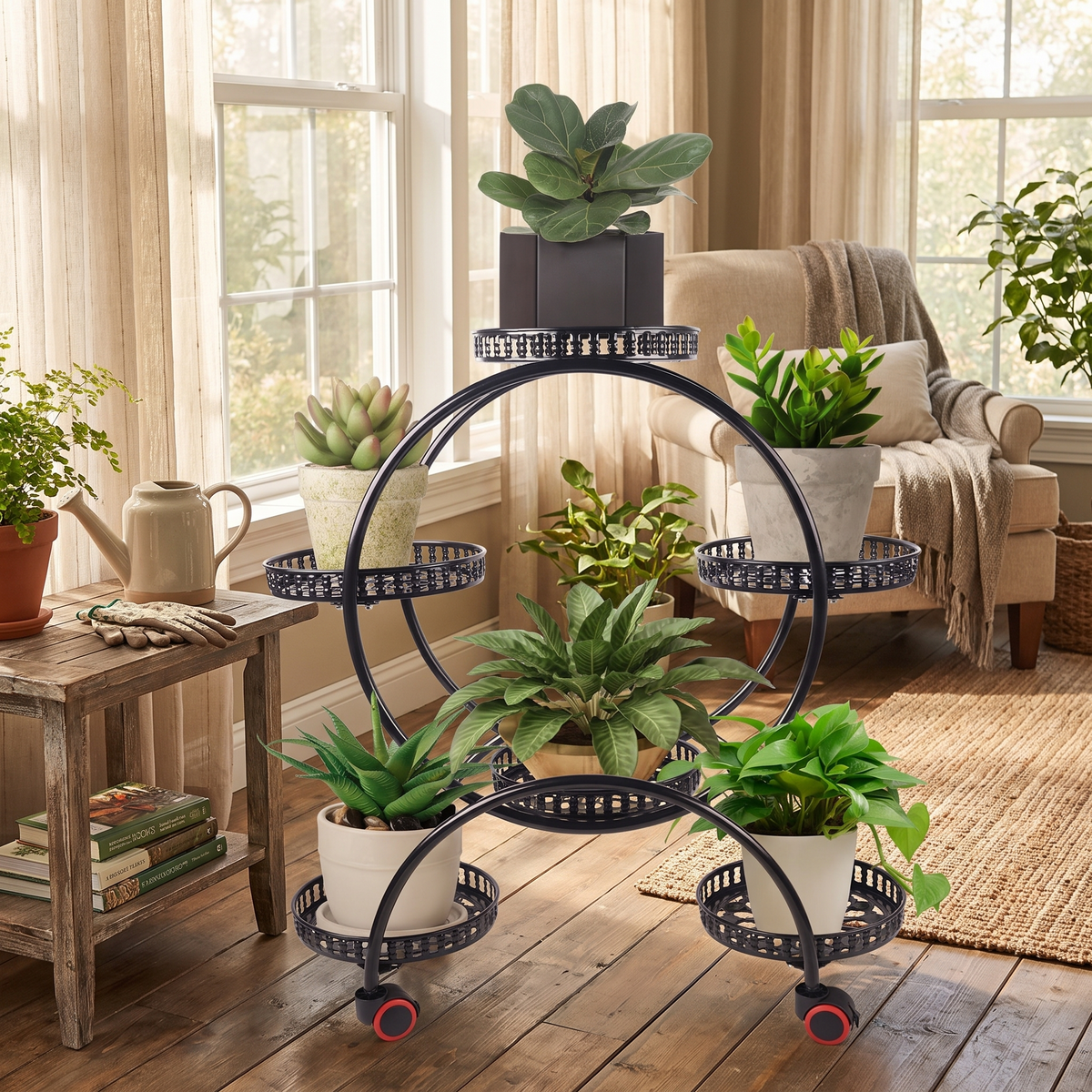 6-Tier Metal Plant Stand with Wheels in a lifestyle setting