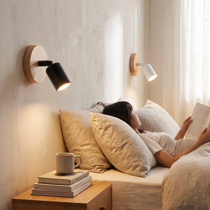 Vintage Adjustable Wood & Metal Wall Lamp in a lifestyle setting