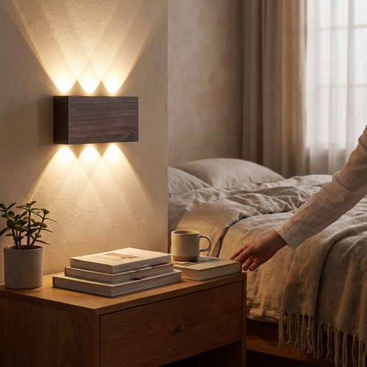 LumiBlock Rechargeable Wood-Grain Wall Lamp in a lifestyle setting