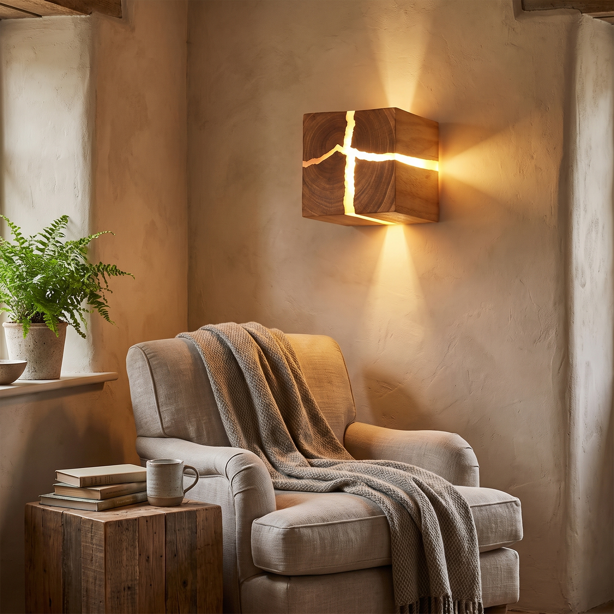 WoodAura Hand-Carved Wood & Resin Light in a lifestyle setting