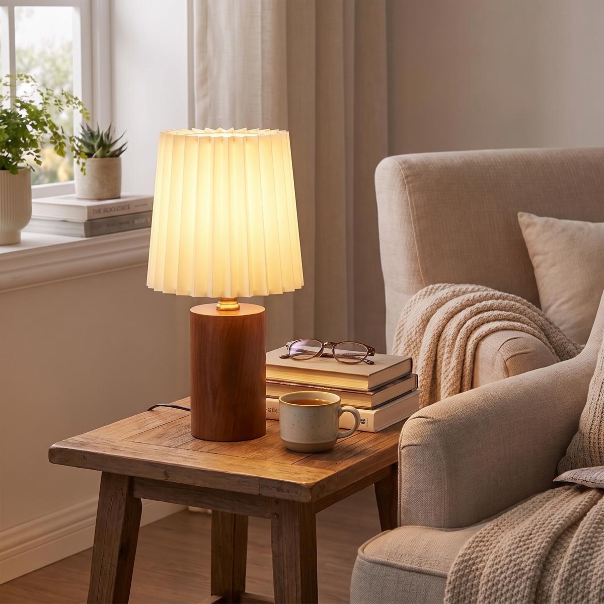 Pleated Nordic Wood Base Table Lamp in a lifestyle setting