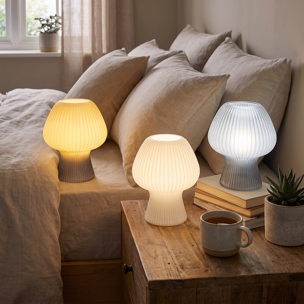 Vintage Ribbed Glass Mushroom Bedside Lamp in a lifestyle setting