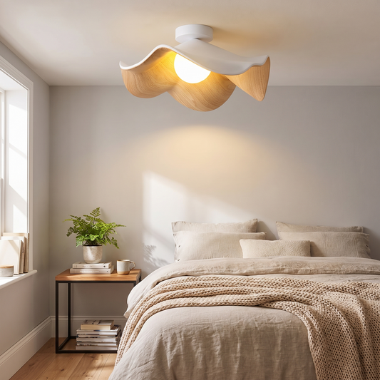 Scandinavian Wooden Lotus Ceiling Light in a lifestyle setting