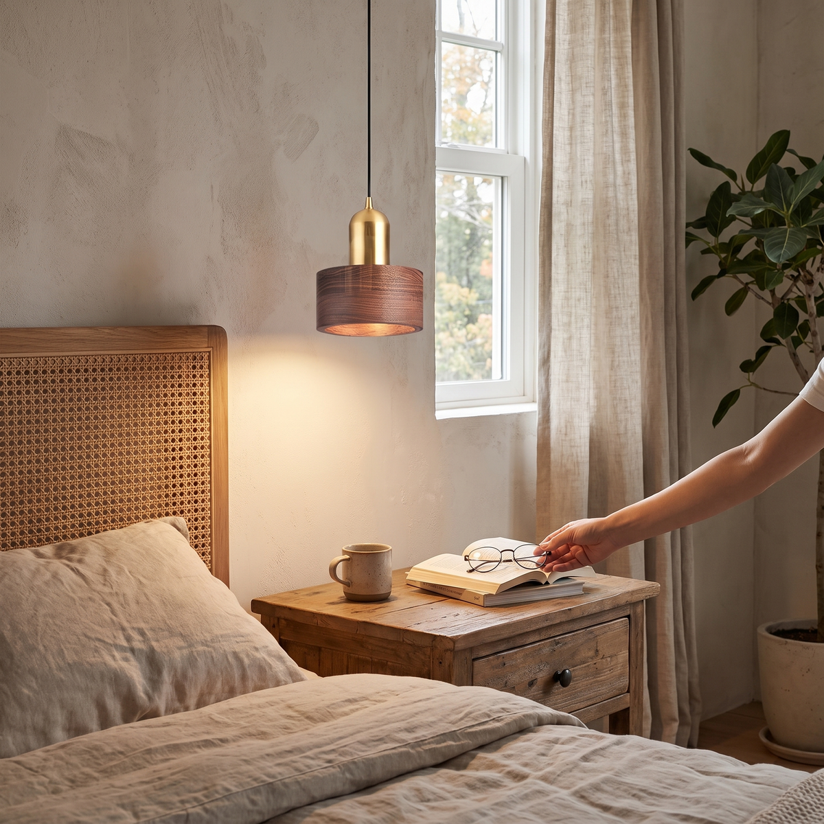Japanese Walnut & Brass Cylinder Pendant in a lifestyle setting