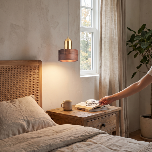 Japanese Walnut & Brass Cylinder Pendant in a lifestyle setting