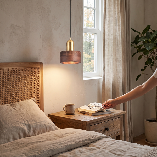Japanese Walnut & Brass Cylinder Pendant in a lifestyle setting