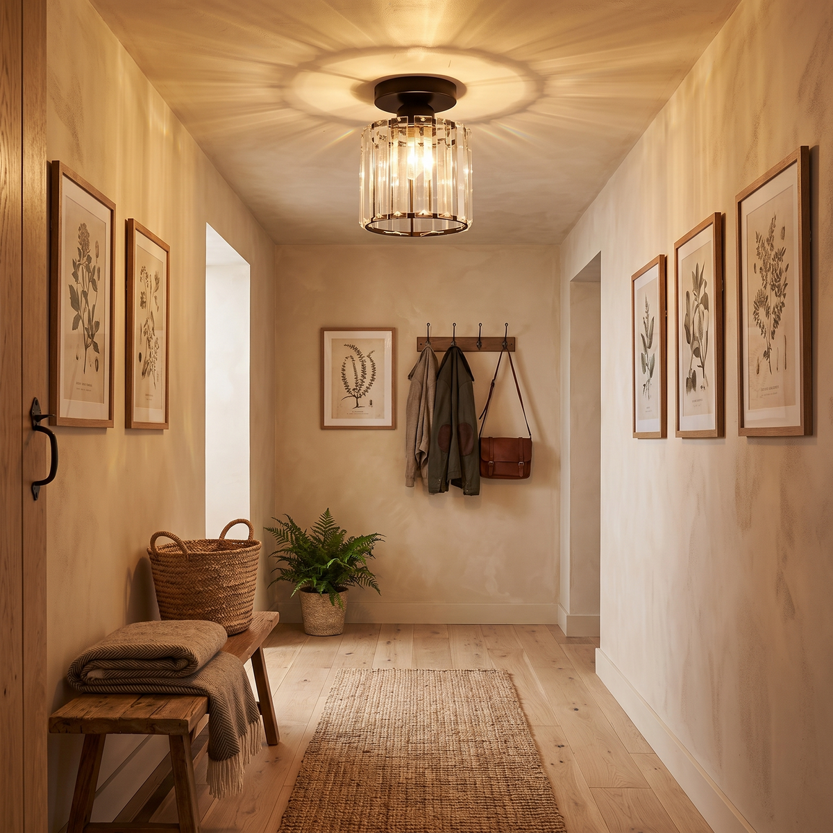 Compact Crystal Corridor Ceiling Light in a warm living space