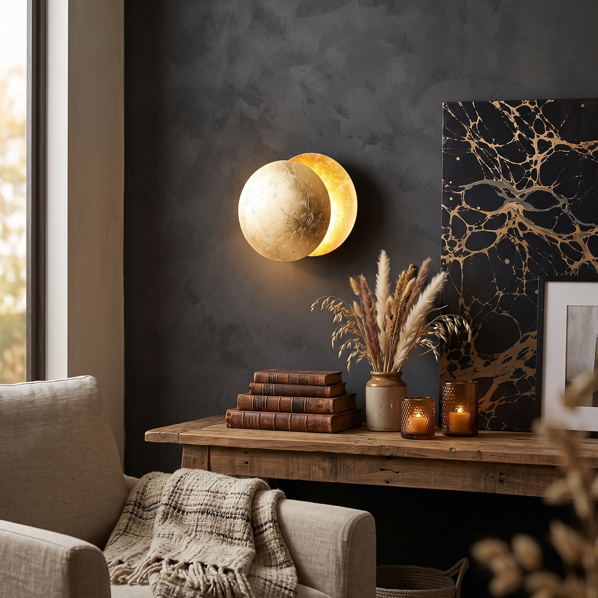 Lunaris Eclipse Overlapping Disc Wall Light in a warm living space