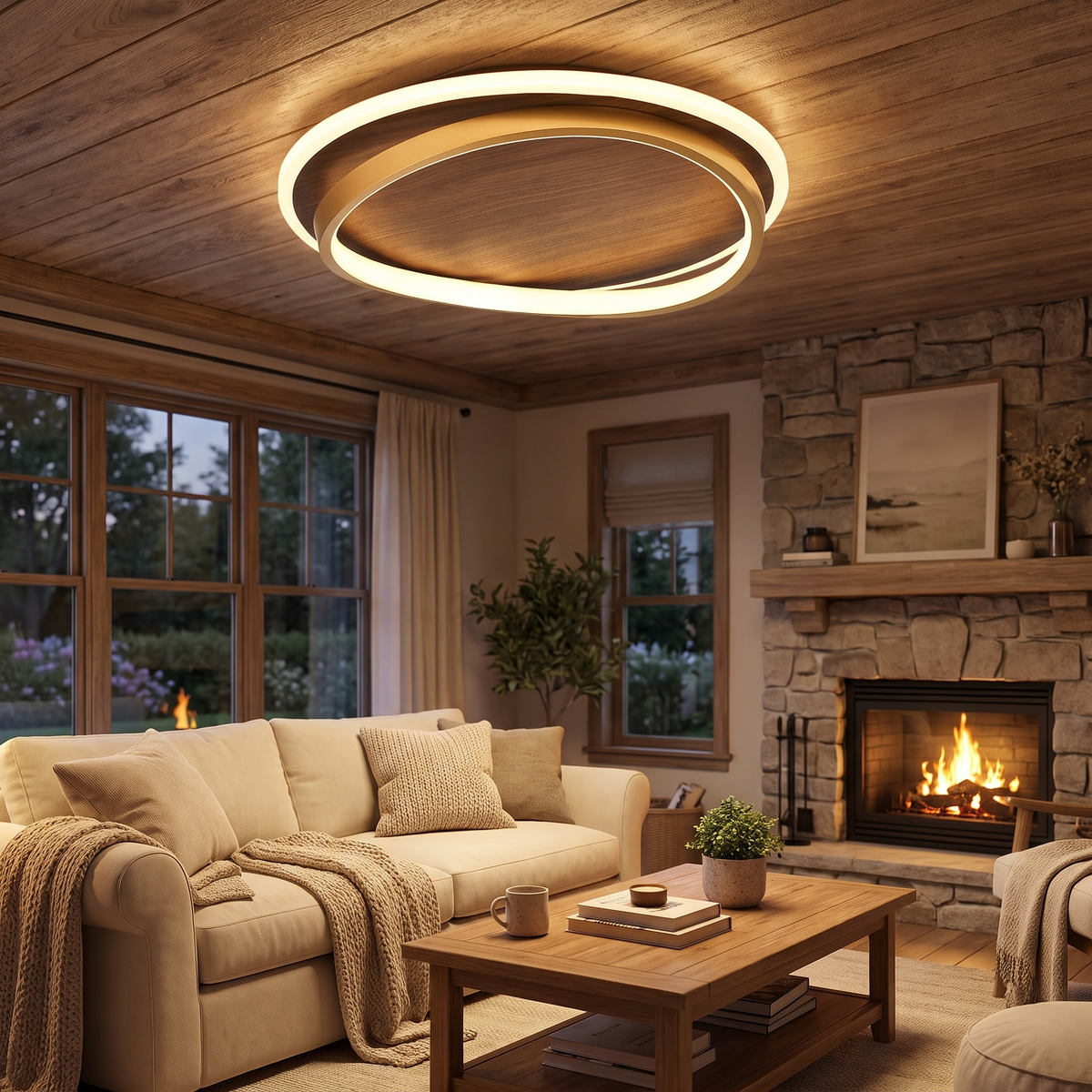 Walnut & Gold Round LED Ceiling Lamp in a warm living space