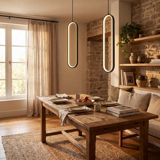 Minimalist Oval LED Pendant Light in a warm living space
