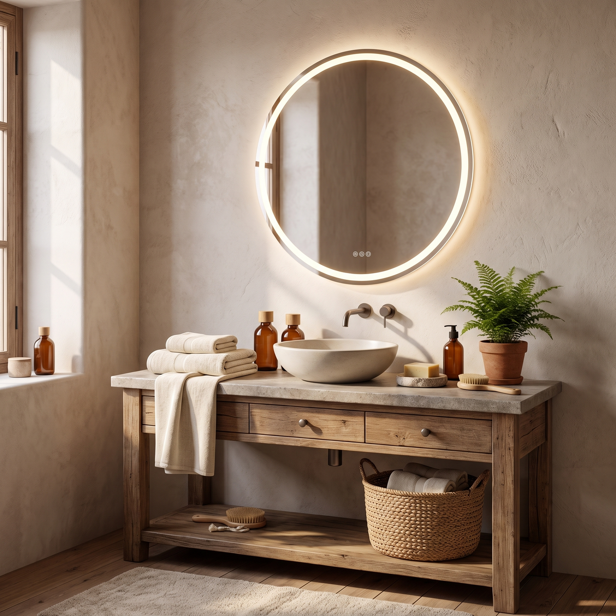LuvoRound LED Bathroom Mirror in a warm living space