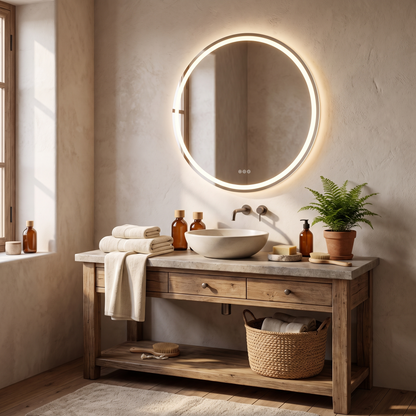 LuvoRound LED Bathroom Mirror in a warm living space