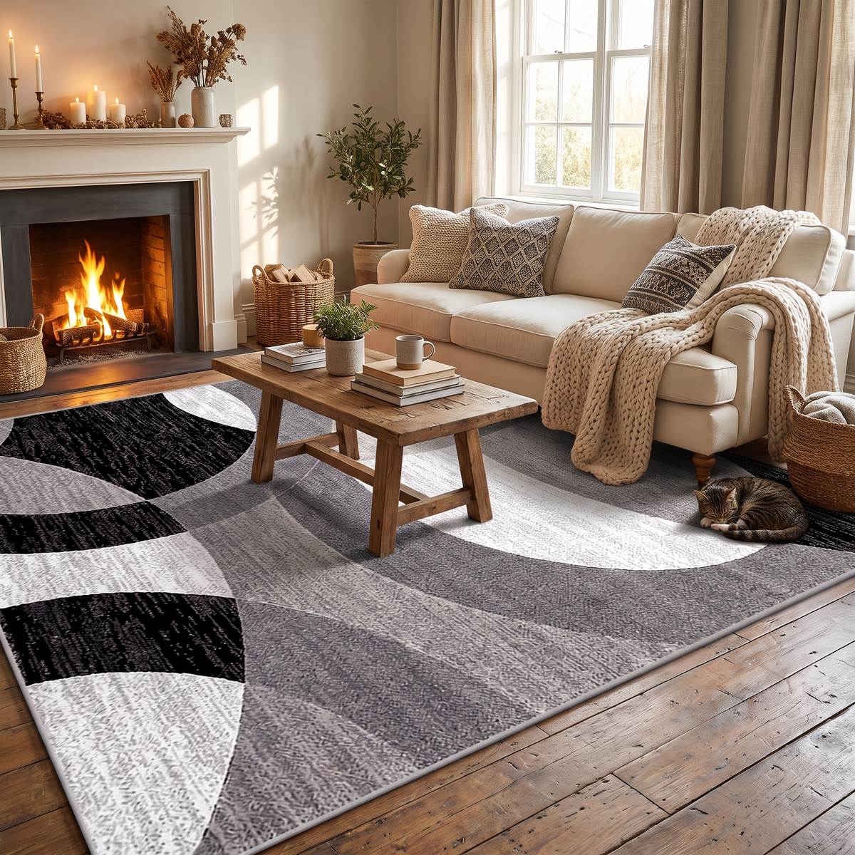 Orbit Weave Geometric Velvet Rug in a warm living space
