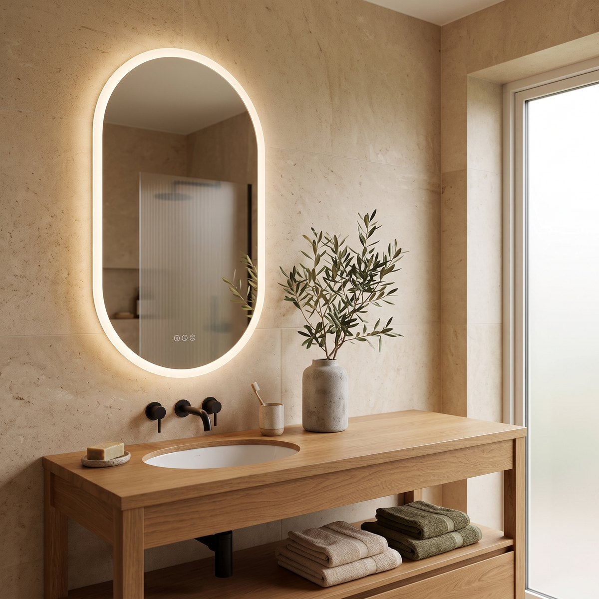 LumoOval LED Bathroom Mirror in a warm living space