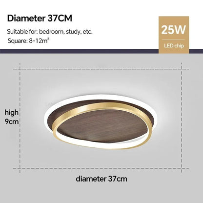 Walnut & Gold Round LED Ceiling Lamp